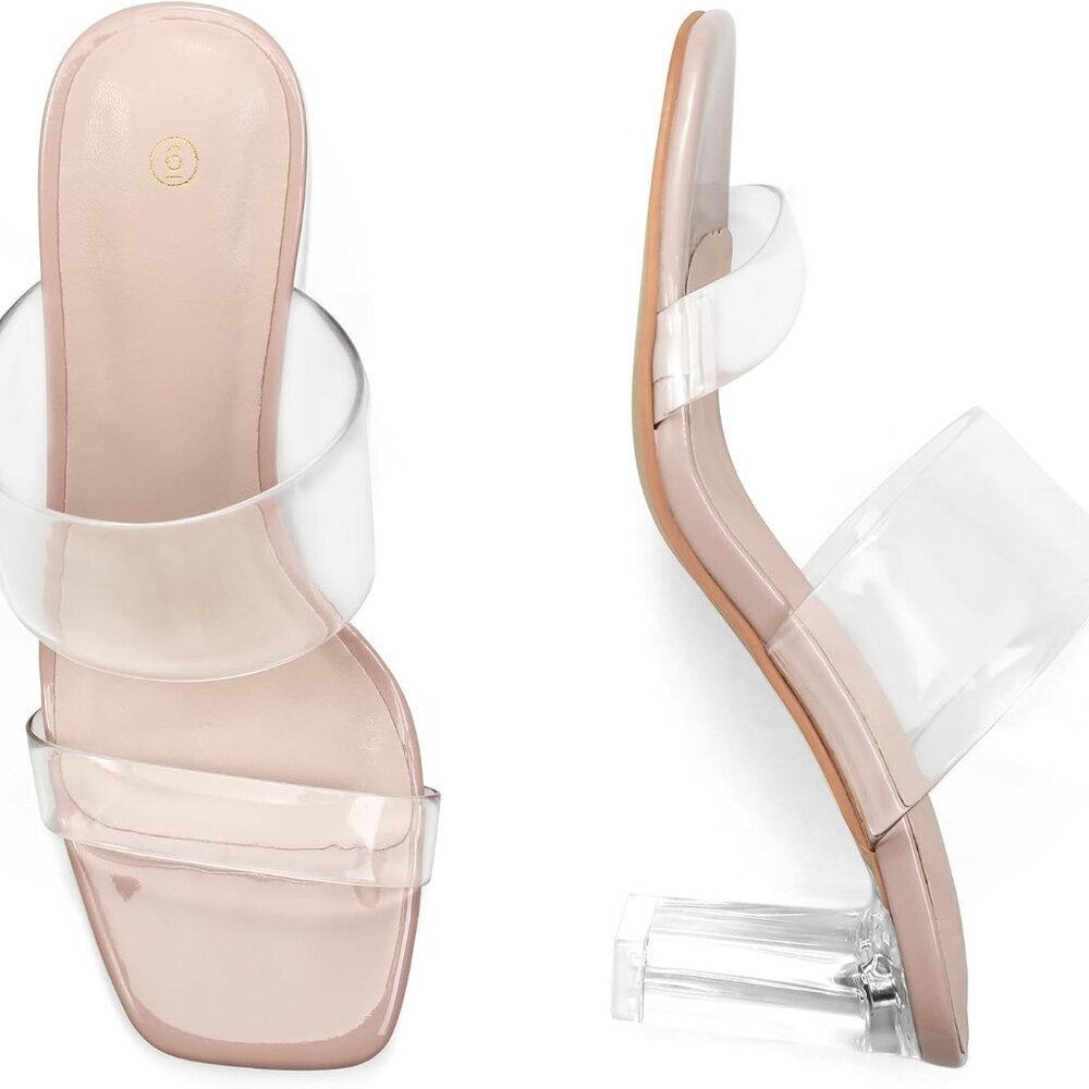 Women Clear Heels Chunky Square Toe Slip On Wedding Shoes 8.5 - Picture 3 of 6